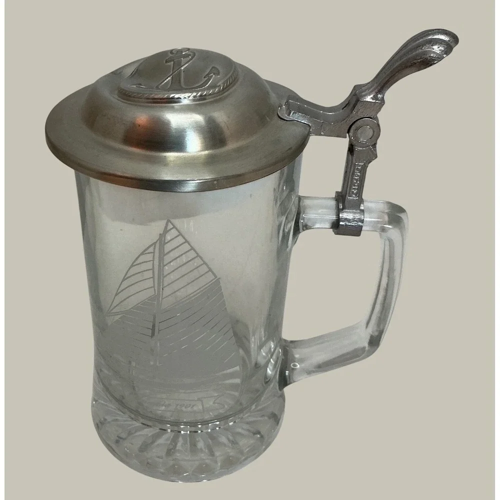 Vintage Glass Beer Stein Etched Columbia 1901 Sailboat Anchor Metal Lid Tankard